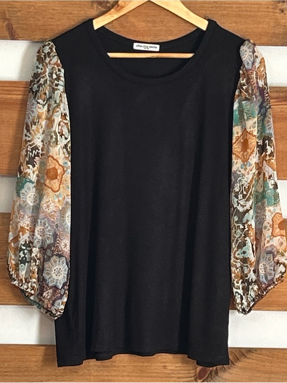 Cha Cha Vente Solid Black Blouse with Sheer Floral Sleeves Boho Chic Size Large
